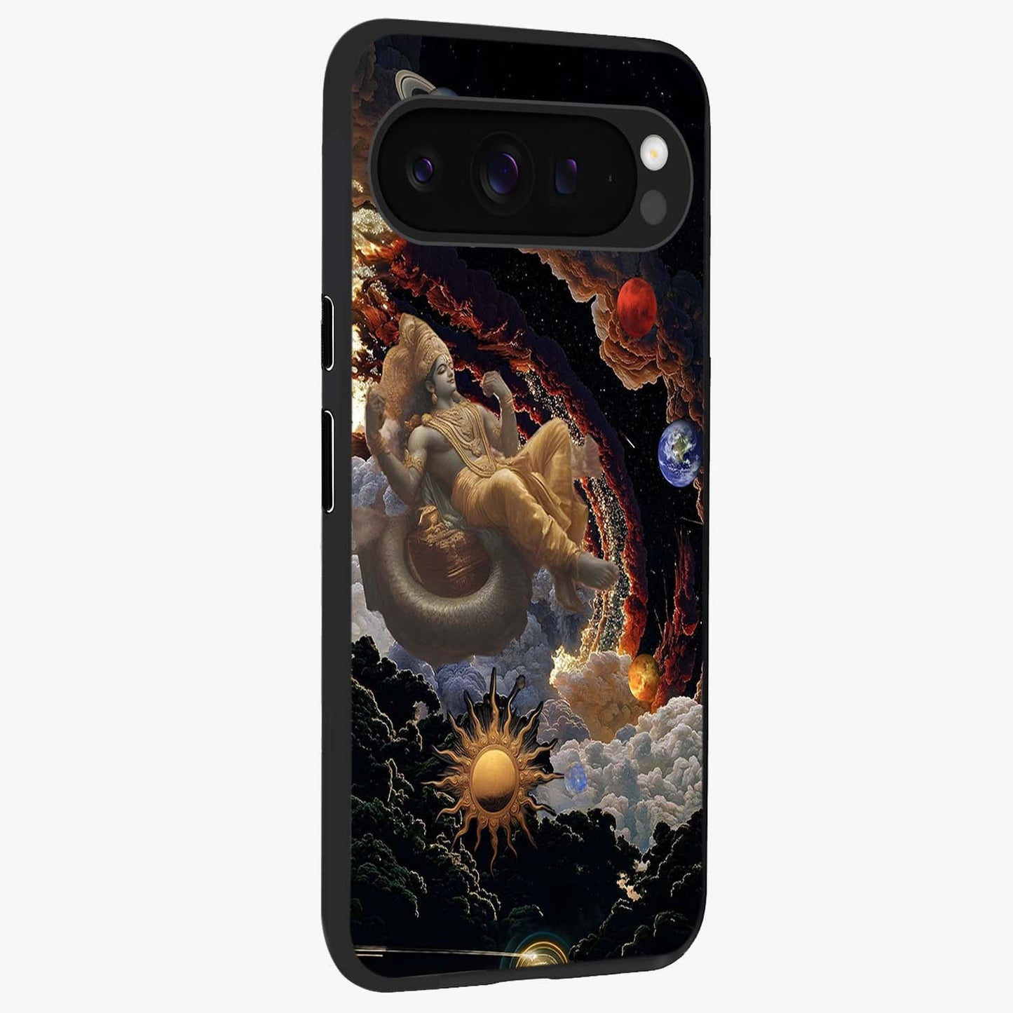Galactic Divine God Glass Case upright view showcasing mystical divine artwork with dramatic cosmic theme.
