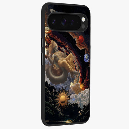 Galactic Divine God Glass Case upright view showcasing mystical divine artwork with dramatic cosmic theme.
