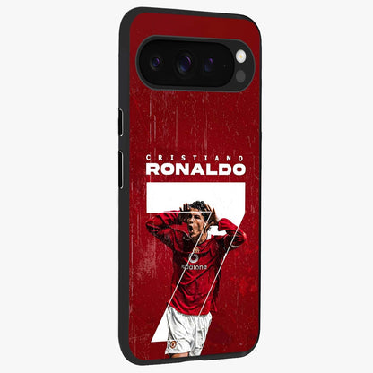 Goal Celebration Legacy Glass Case upright view showcasing dynamic football inspired artwork with victory celebration aesthetic.
