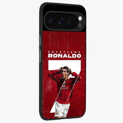 Goal Celebration Legacy Glass Case upright view showcasing dynamic football inspired artwork with victory celebration aesthetic.