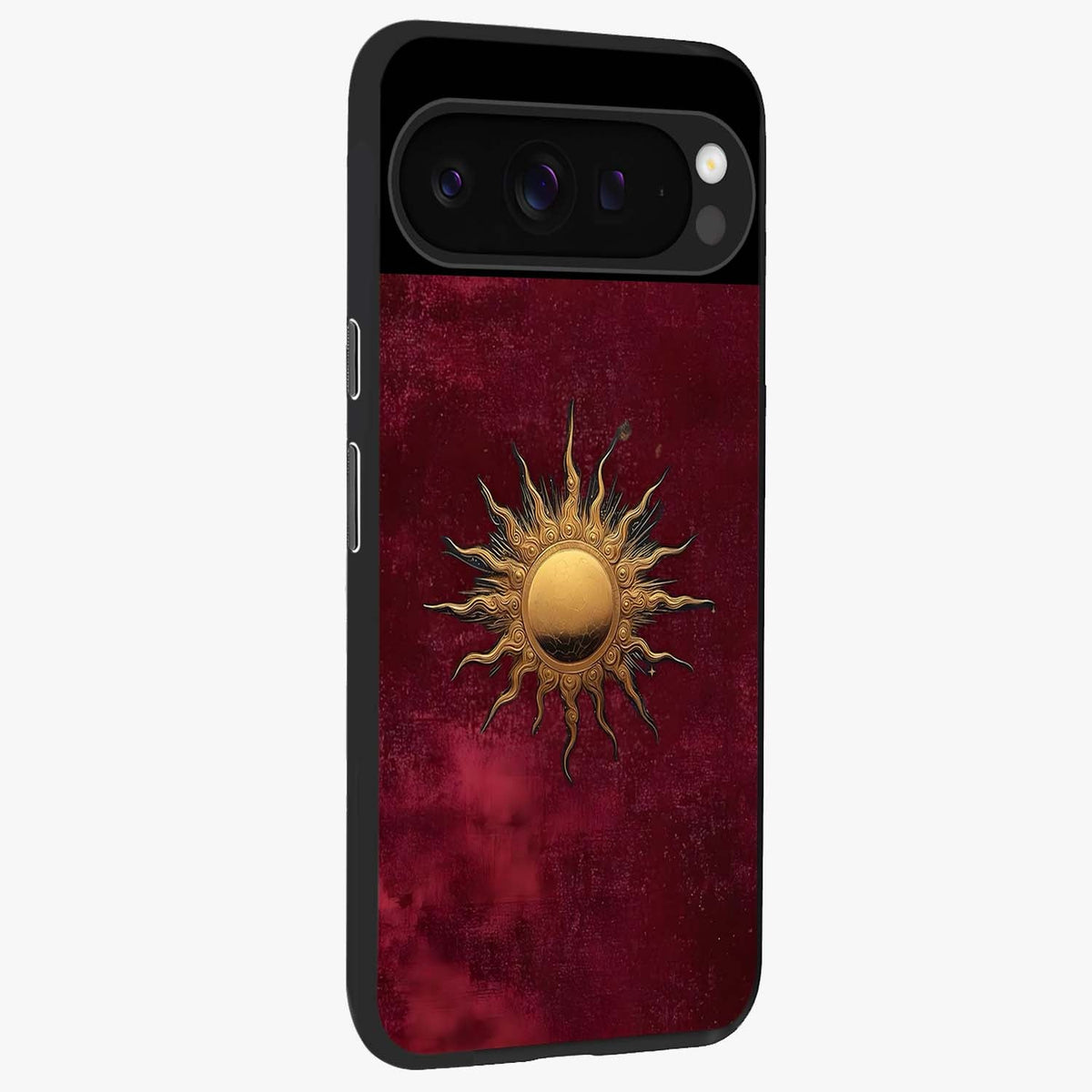Golden Sun Minimalism Glass Case upright view showcasing simple golden sun artwork with elegant minimalist style.