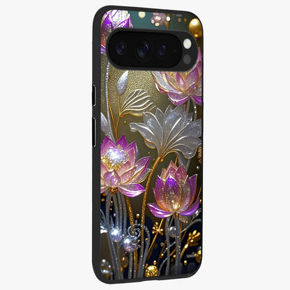 Golden Floral Majesty Glass Case upright view showcasing majestic floral artwork with rich decorative theme.