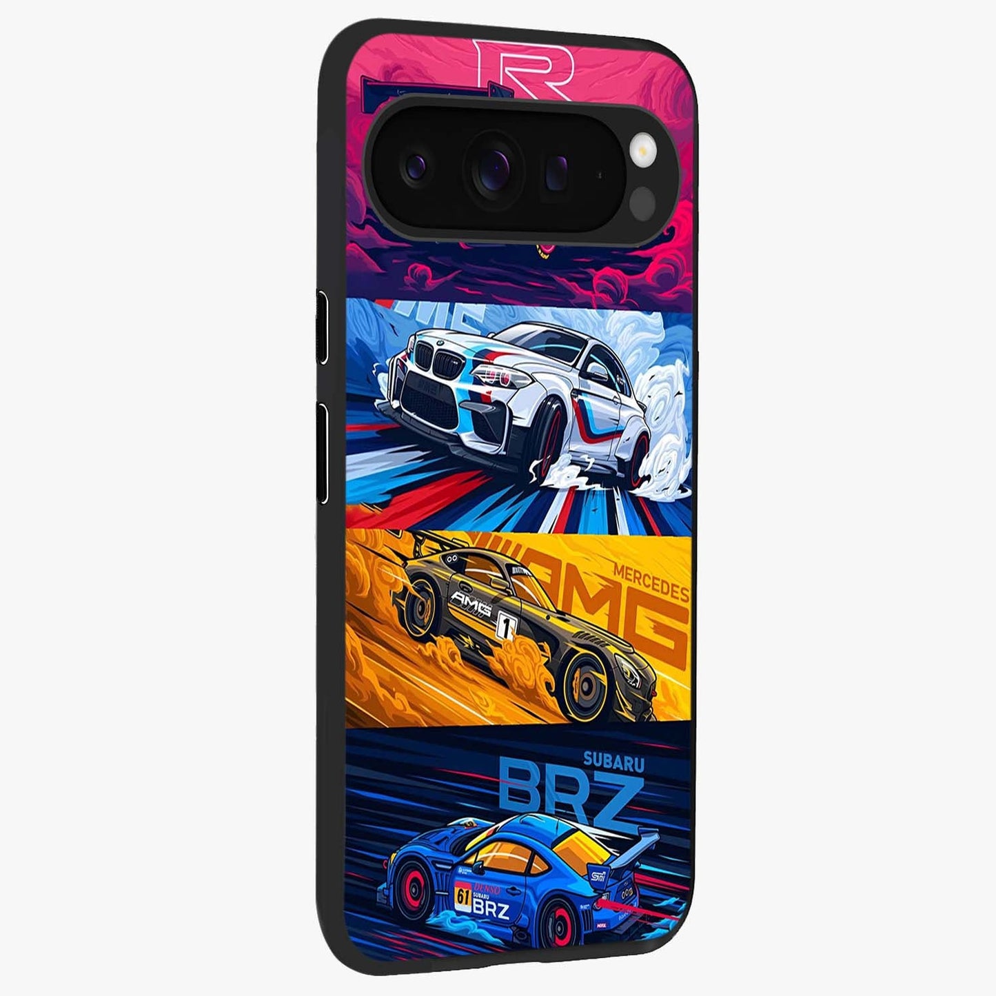 JDM Sports Car Glass Case upright view showcasing dynamic sports car artwork with bold racing theme.