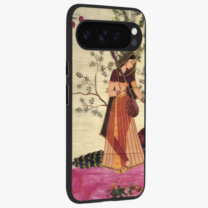 Lady With Veena Art Glass Case upright view showcasing classical veena artwork with traditional artistic theme.