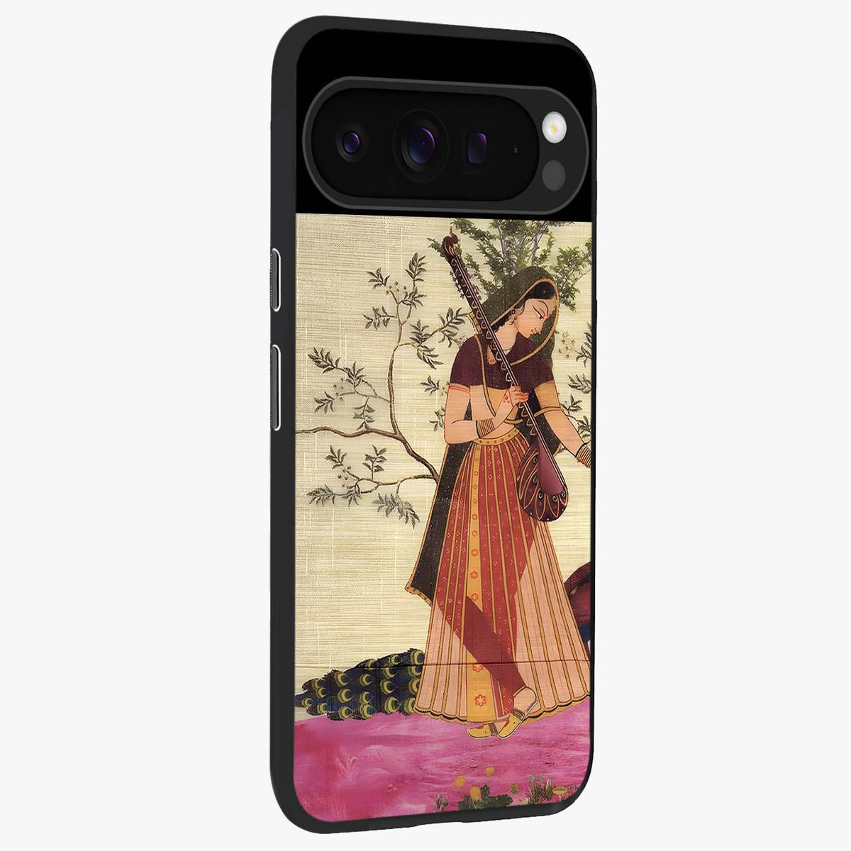 Lady With Veena Art Glass Case upright view showcasing classical veena artwork with traditional artistic theme.