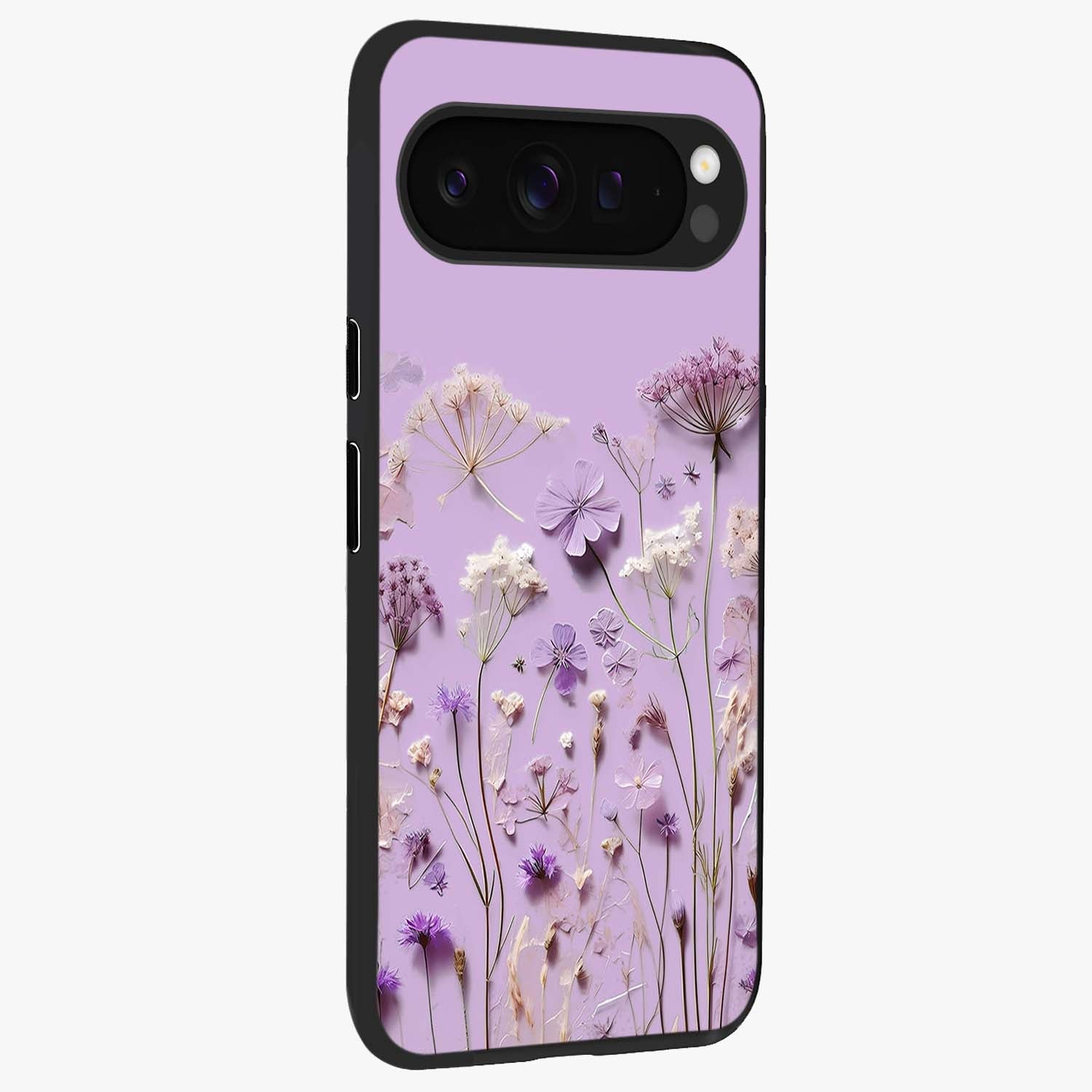 Lavender Blossom Dream Glass Case upright view showcasing delicate lavender blossom artwork with peaceful floral theme.