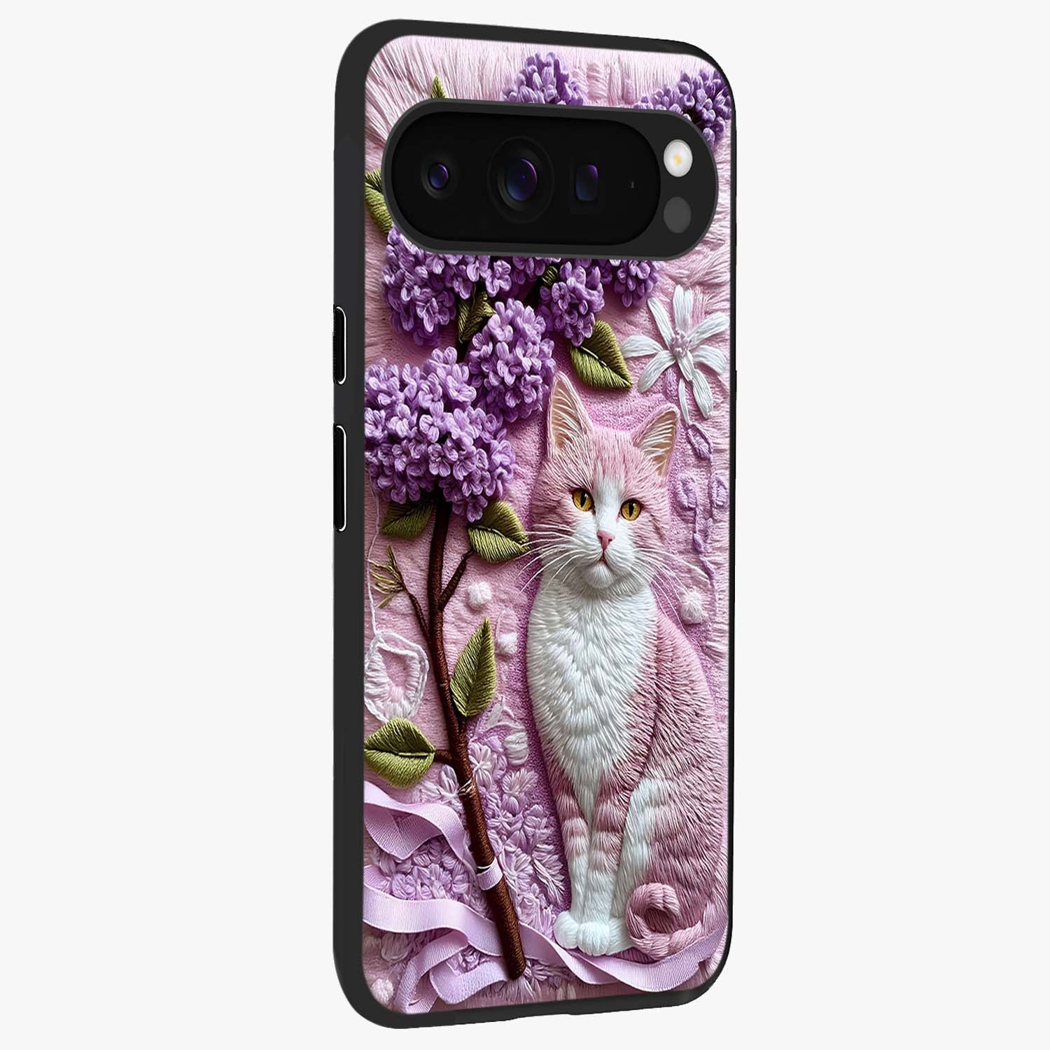 Lavender Cat Whimsy Glass Case upright view showcasing charming cat artwork with whimsical lavender theme.