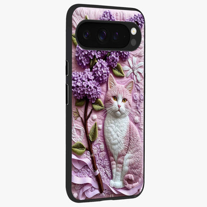 Lavender Cat Whimsy Glass Case upright view showcasing charming cat artwork with whimsical lavender theme.