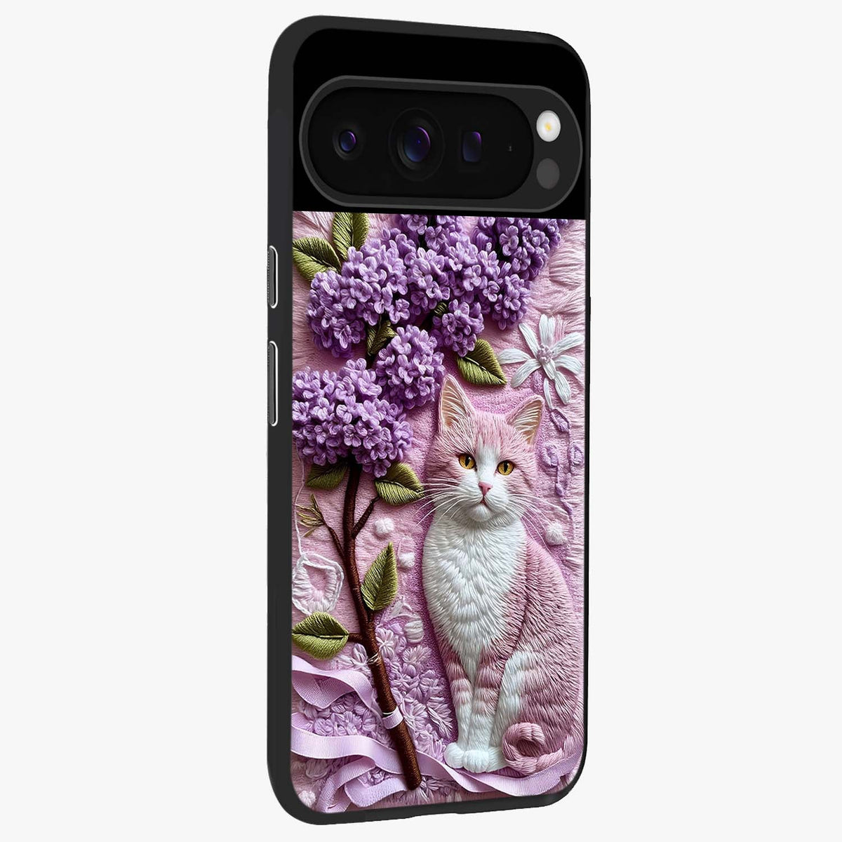 Lavender Cat Whimsy Glass Case upright view showcasing charming cat artwork with whimsical lavender theme.