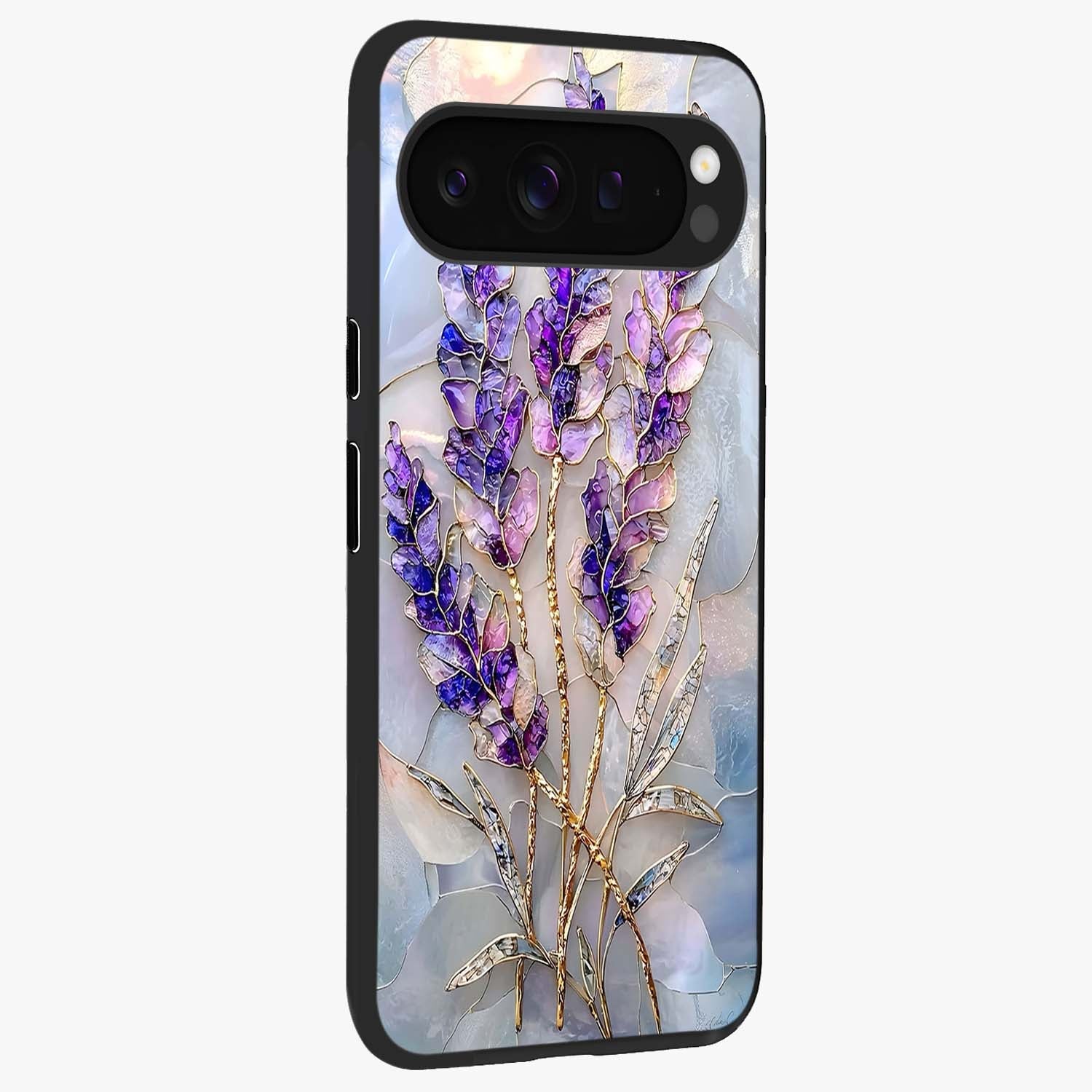 Lavender Dream Glow Glass Case upright view showcasing radiant lavender glow artwork with calming dreamy theme.