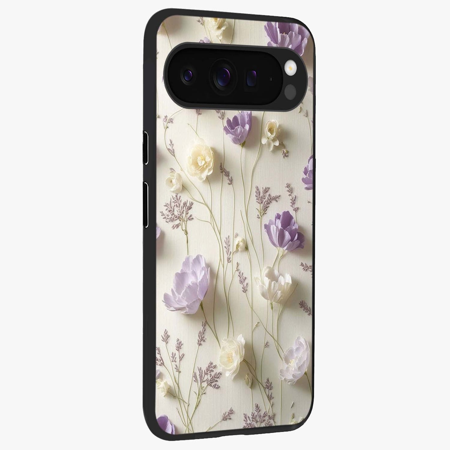 Lilac Breeze Harmony Glass Case upright view showcasing delicate lilac artwork with peaceful floral theme.