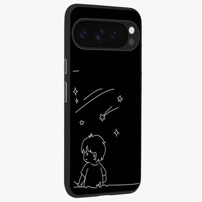 Line Art Boy With Shooting Stars Glass Case upright view showcasing artistic shooting star illustration with minimal style.