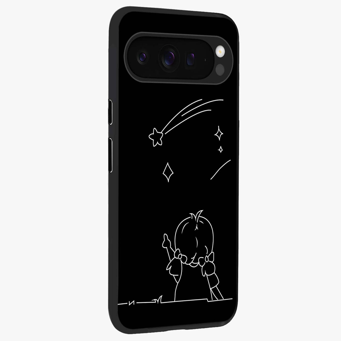 Line Art Girl With Shooting Stars Glass Case upright view showcasing delicate shooting stars artwork with minimal artistic theme.