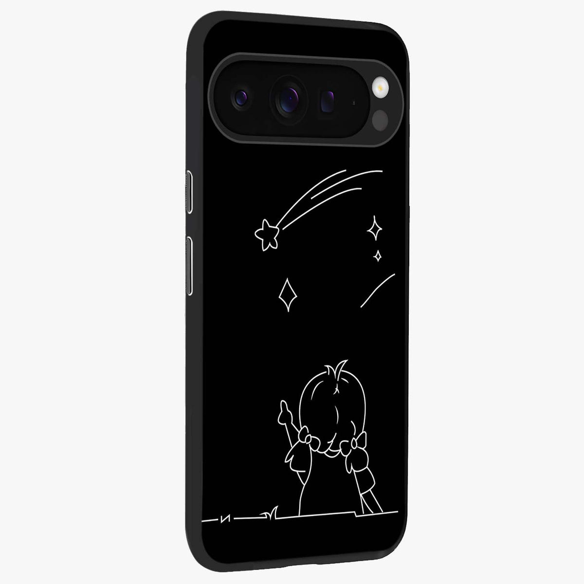 Line Art Girl With Shooting Stars Glass Case upright view showcasing delicate shooting stars artwork with minimal artistic theme.