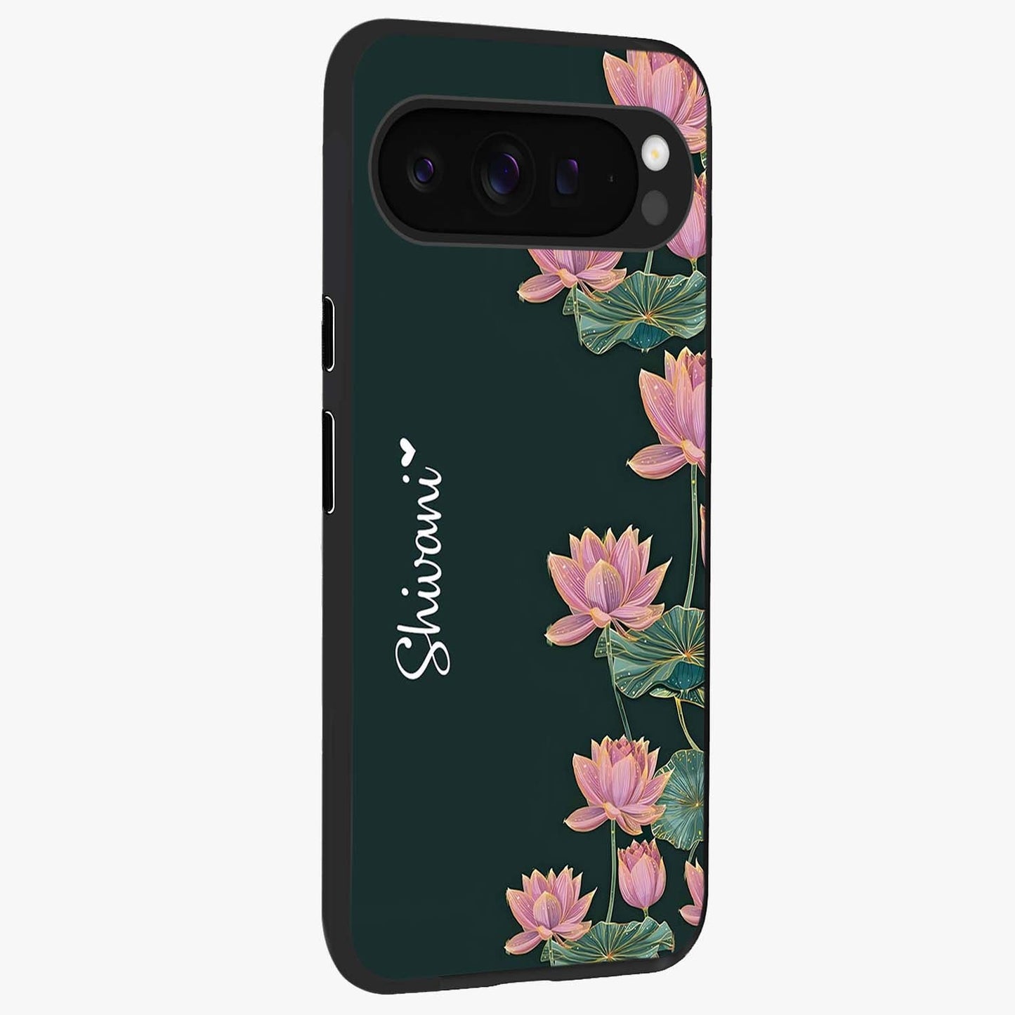 Lotus Bloom Serenity Custom Name Glass Case upright view showcasing serene lotus bloom artwork with personalized floral aesthetic.