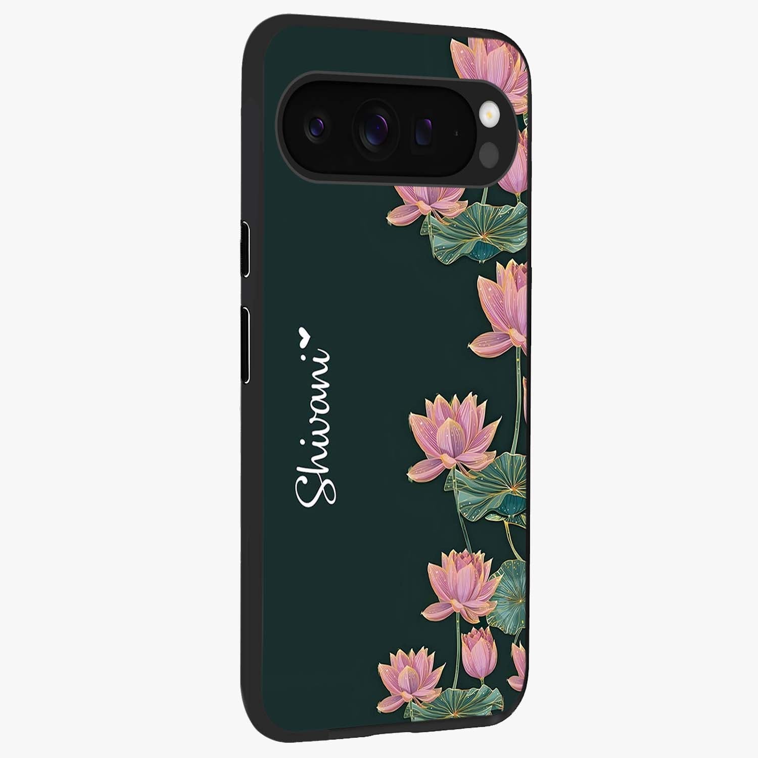 Lotus Bloom Serenity Custom Name Glass Case upright view showcasing serene lotus bloom artwork with personalized floral aesthetic.