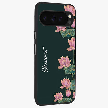 Lotus Bloom Serenity Custom Name Glass Case upright view showcasing serene lotus bloom artwork with personalized floral aesthetic.