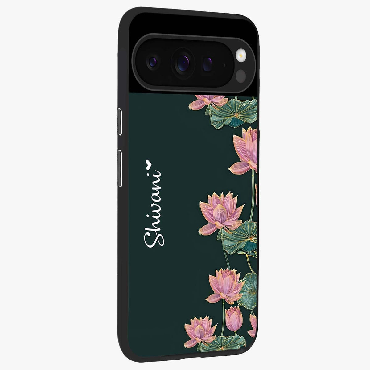Lotus Bloom Serenity Custom Name Glass Case upright view showcasing serene lotus bloom artwork with personalized floral aesthetic.