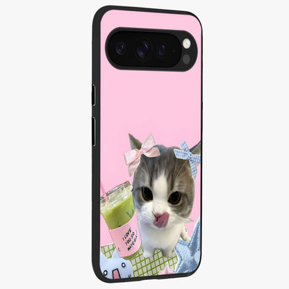 Love Matcha Cat Glass Case upright view showcasing adorable cat artwork with charming matcha themed design.