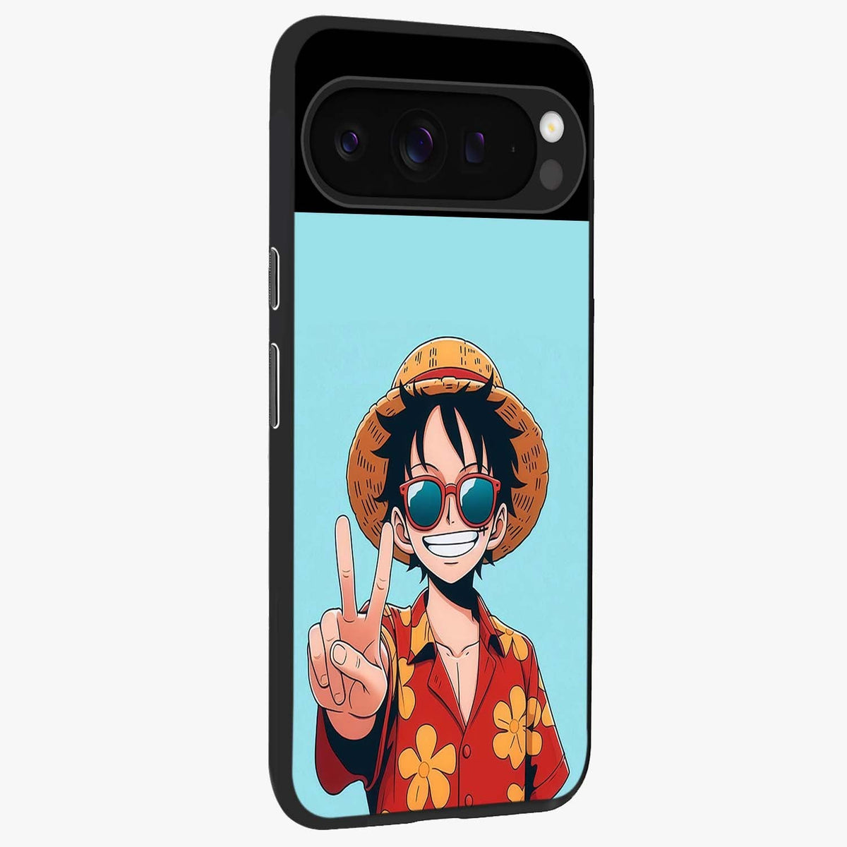 Luffy Summer Anime Vibe Glass Case upright view showcasing dynamic anime artwork with bright adventurous theme.