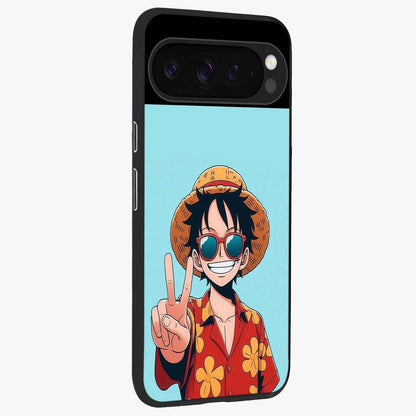 Luffy Summer Anime Vibe Glass Case upright view showcasing dynamic anime artwork with bright adventurous theme.
