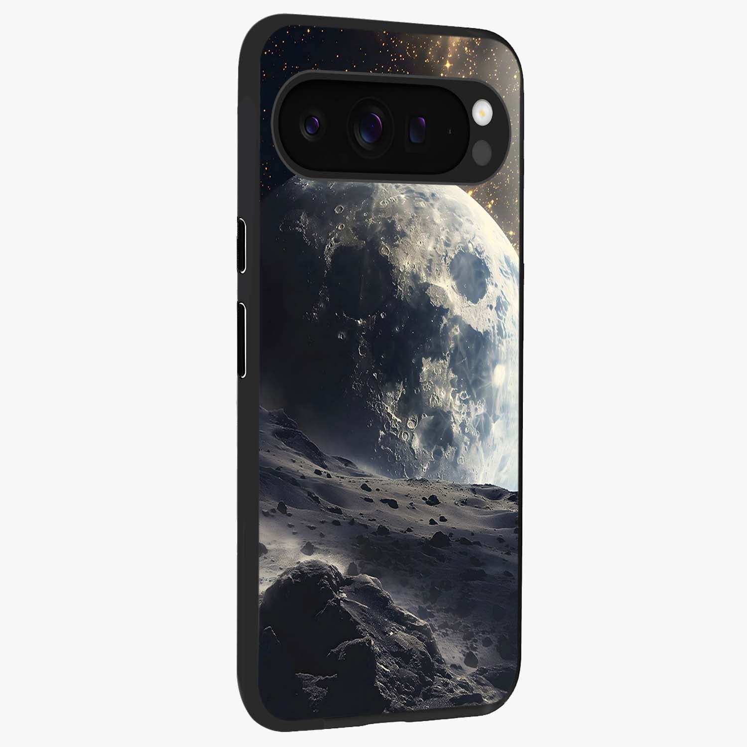 Lunar Horizon Glow Glass Case upright view showcasing radiant lunar artwork with calm cosmic theme.