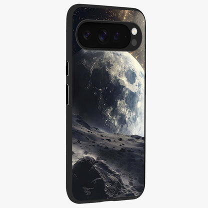 Lunar Horizon Glow Glass Case upright view showcasing radiant lunar artwork with calm cosmic theme.
