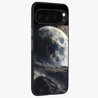 Lunar Horizon Glow Glass Case upright view showcasing radiant lunar artwork with calm cosmic theme.