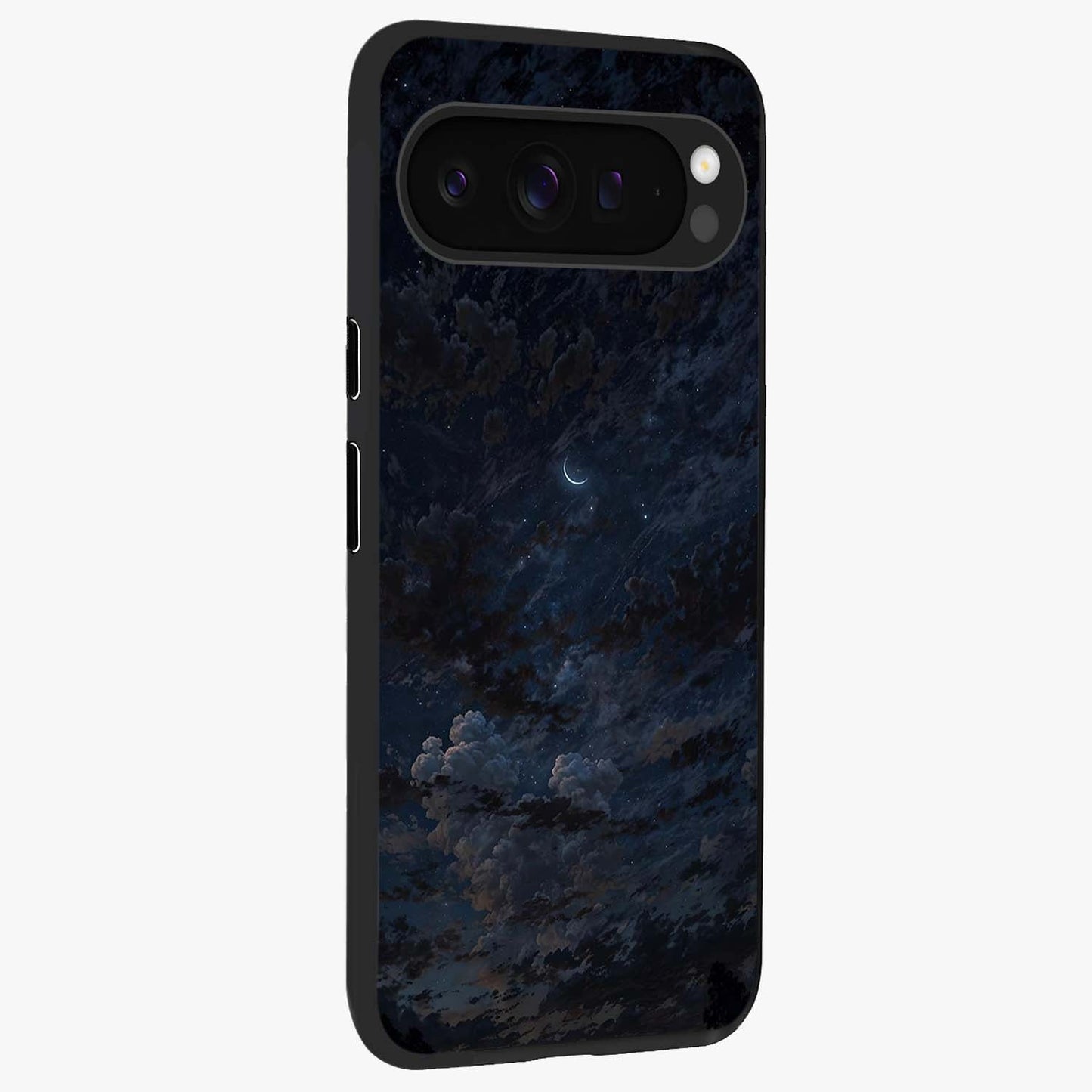 Lunar Veil Silence Glass Case upright view showcasing calm moon themed artwork with serene night atmosphere.