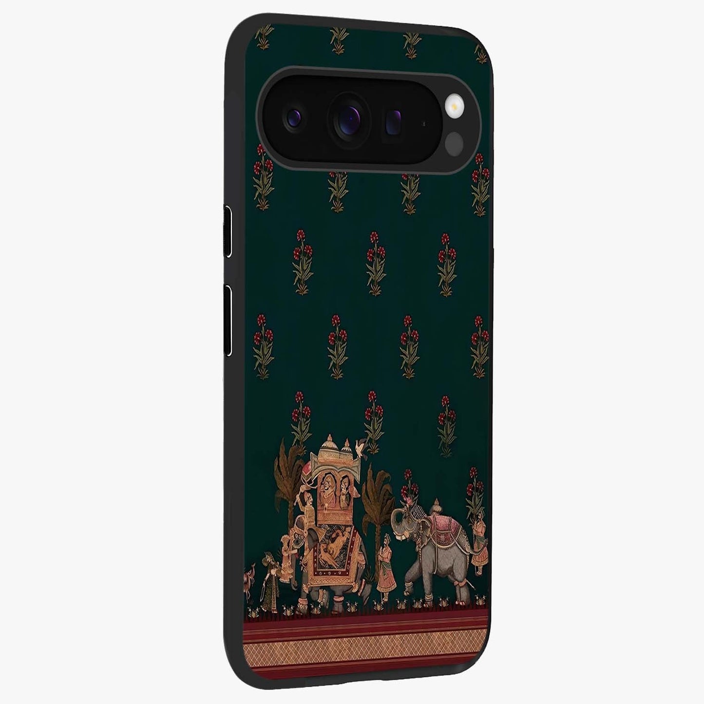 Macmerise Glass Case upright view showcasing bold artistic artwork with contemporary design theme.