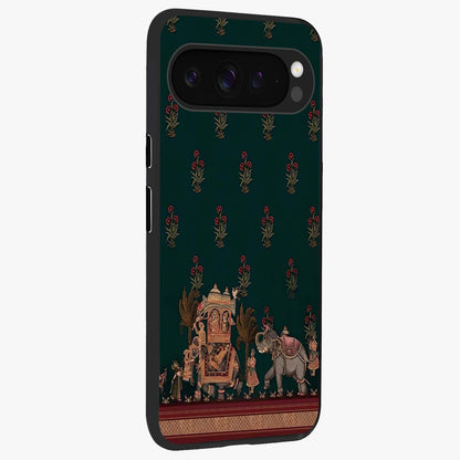 Macmerise Glass Case upright view showcasing bold artistic artwork with contemporary design theme.