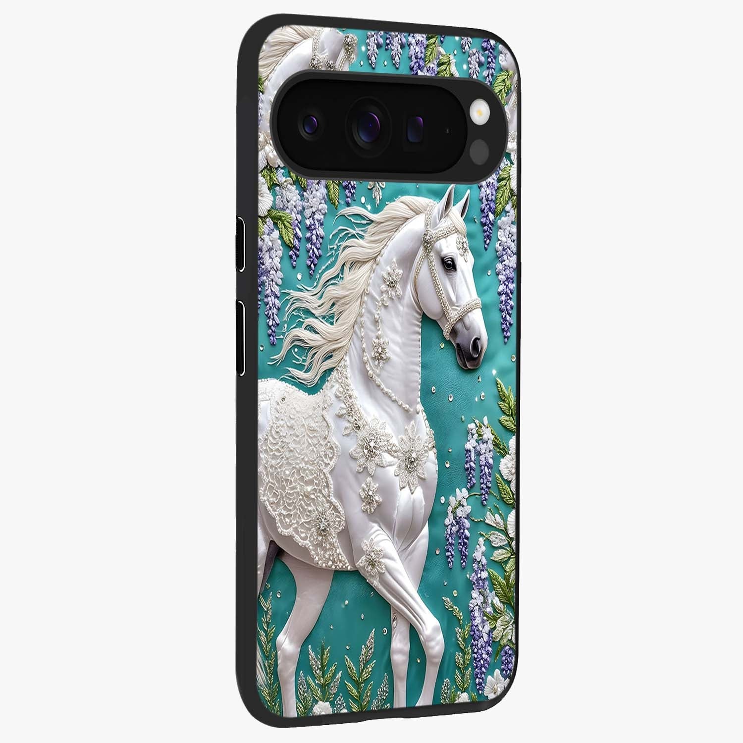 Majestic Floral Stallion Glass Case upright view showcasing dramatic horse artwork with decorative floral theme.