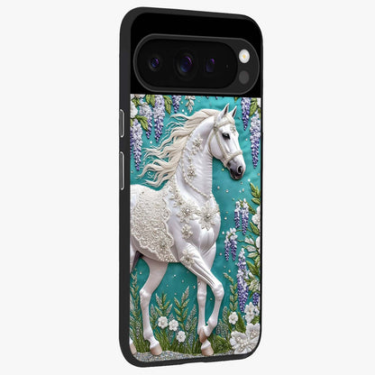 Majestic Floral Stallion Glass Case upright view showcasing dramatic horse artwork with decorative floral theme.