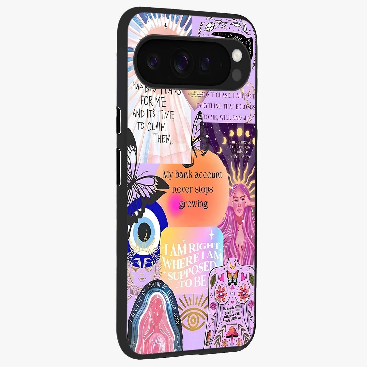 Manifestation Collage Glass Case upright view showcasing artistic manifestation themed artwork with creative style.