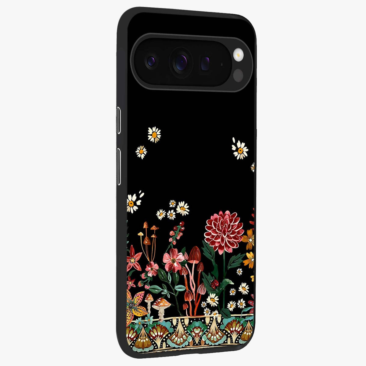 Midnight Bloom Pattern Glass Case upright view showcasing decorative floral artwork with deep night themed palette.