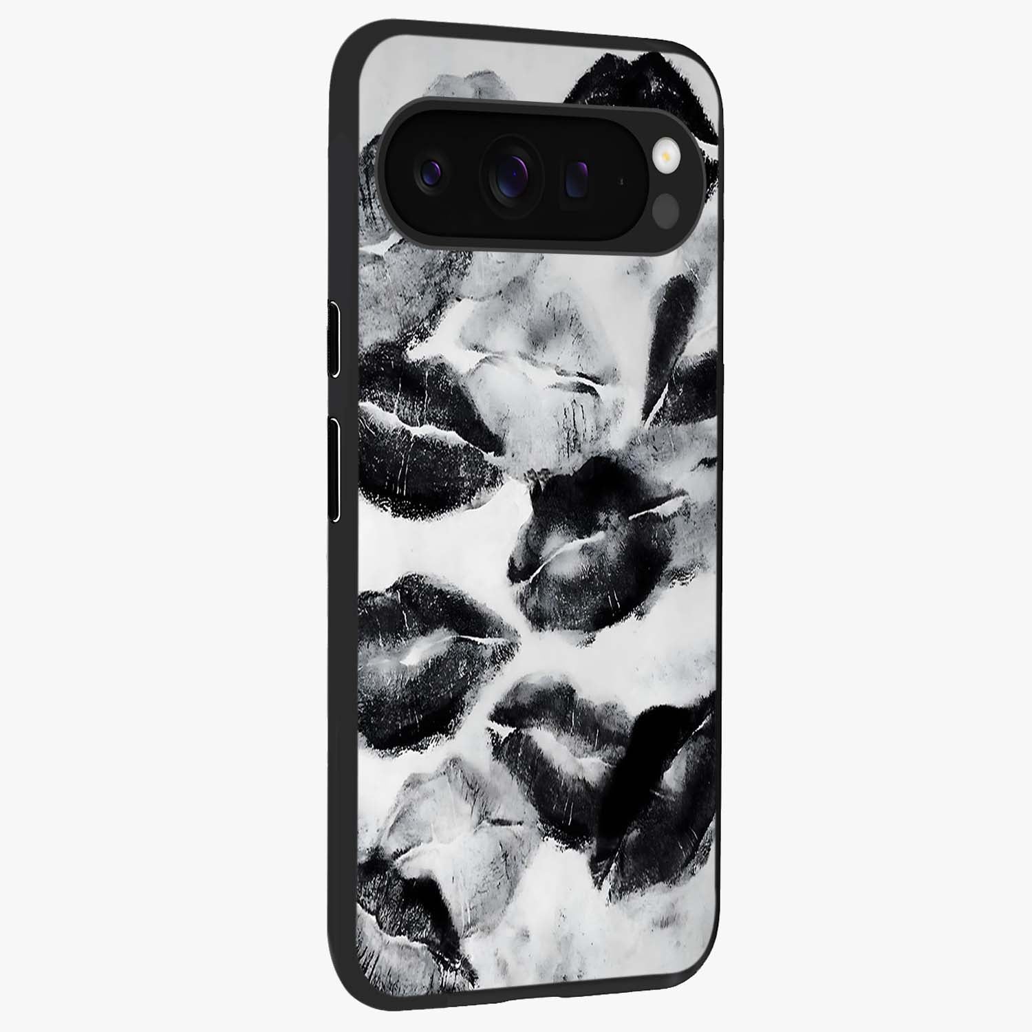 Midnight Kiss Marks Glass Case upright view showcasing stylish kiss mark artwork with trendy romantic theme.