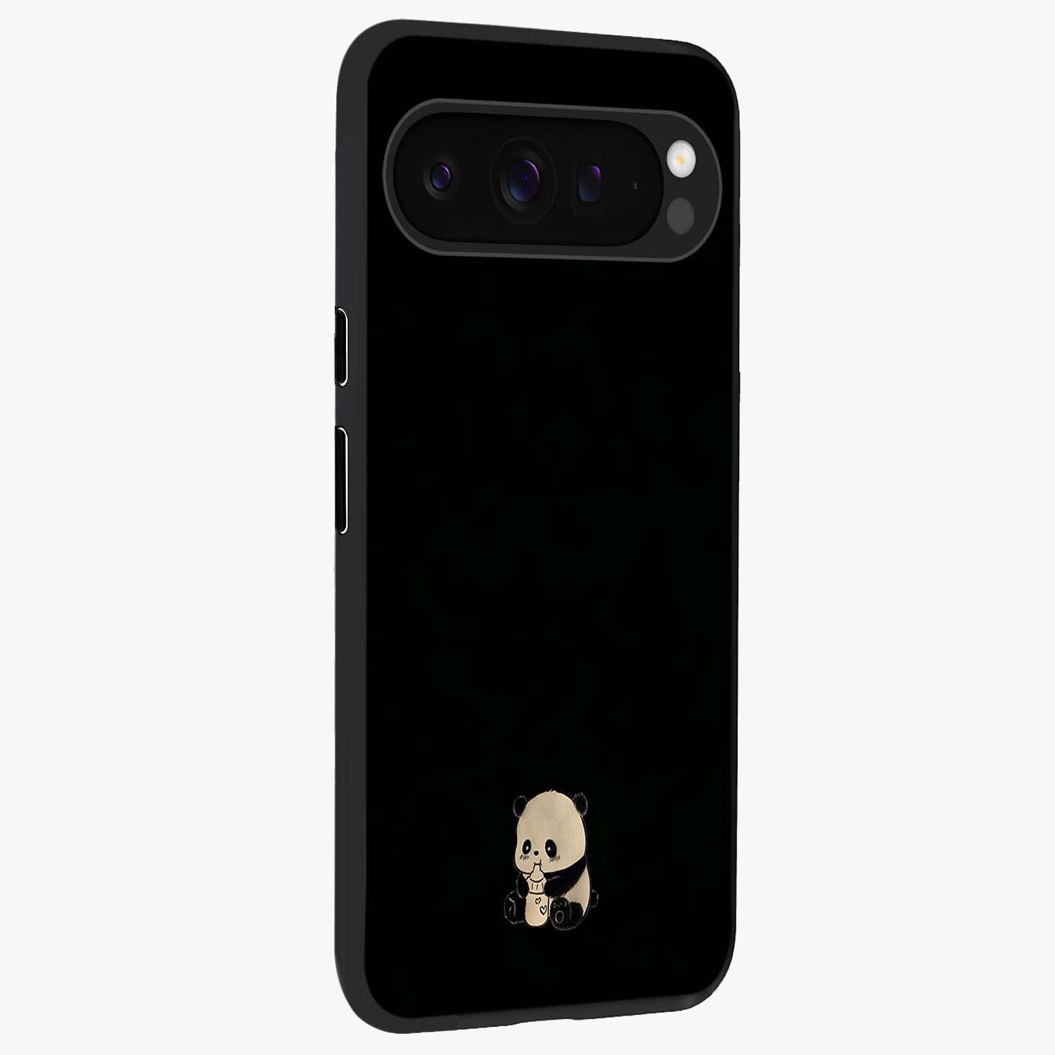 Midnight Panda Love Glass Case upright view showcasing charming panda artwork with playful romantic theme.