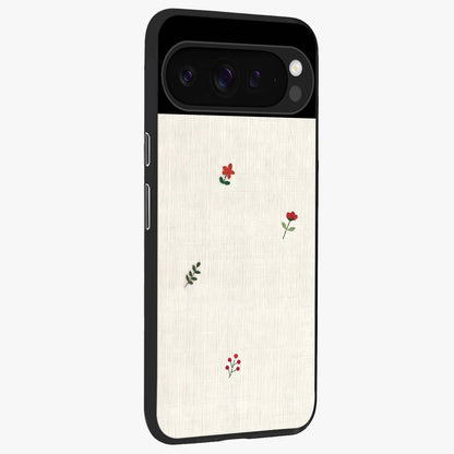 Minimalistic Blue With White Flower Pattern Glass Case upright view showcasing clean white flower artwork with calming blue theme.