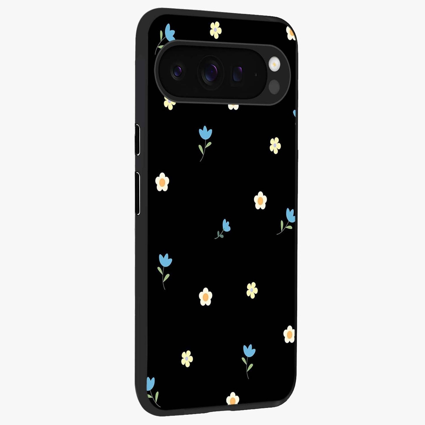 Minimal Petal Whispers Glass Case upright view showcasing elegant floral artwork with modern minimalist style.