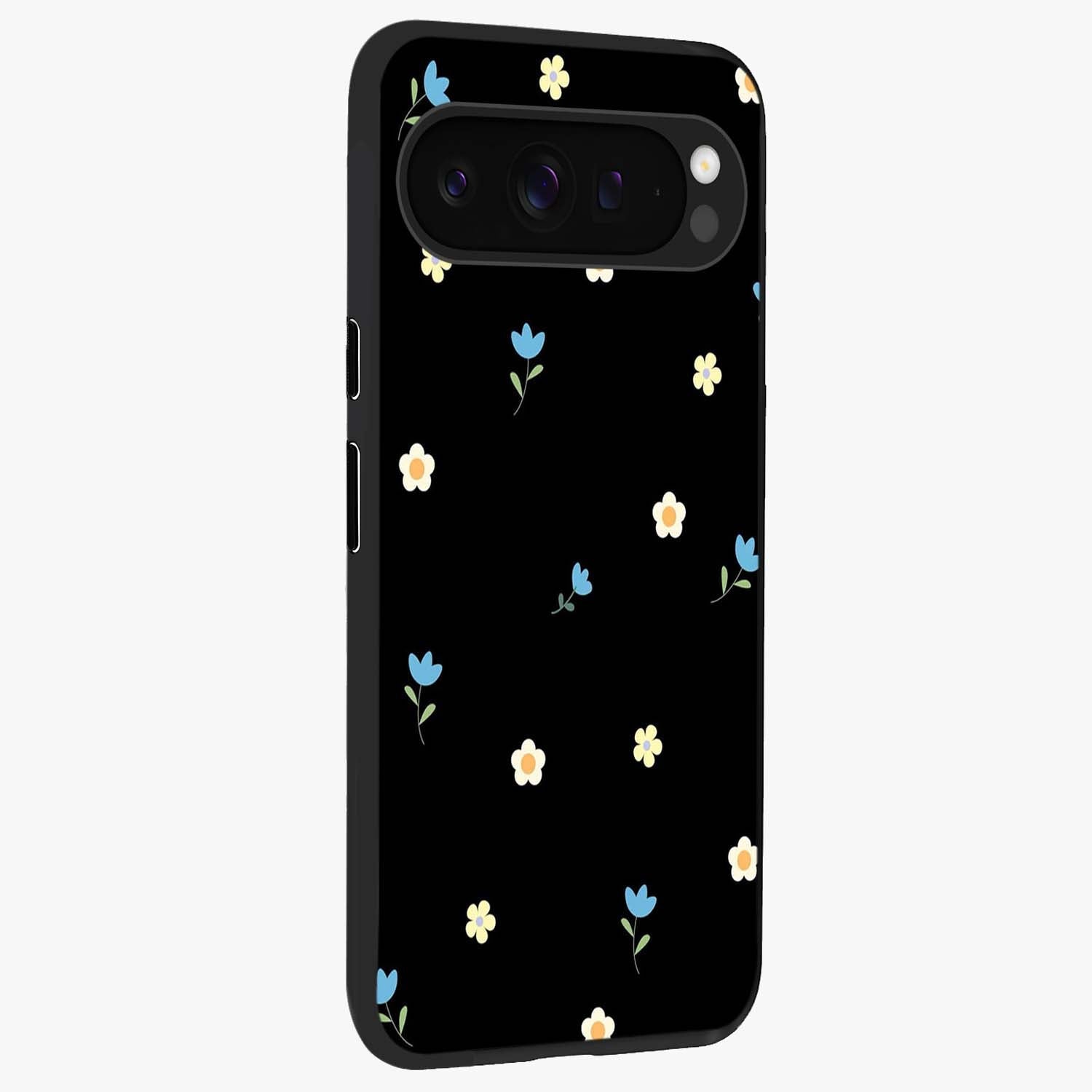 Minimal Petal Whispers Glass Case upright view showcasing elegant floral artwork with modern minimalist style.