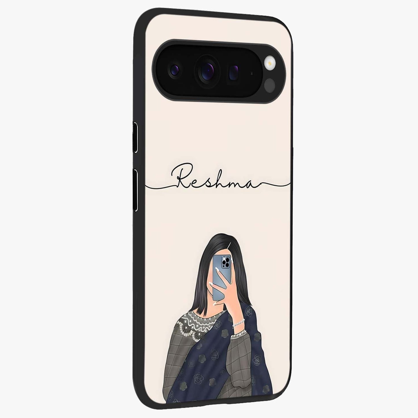 Mirror Mood Muse With Custom Name Glass Case upright view showcasing artistic mirror themed artwork with personalized aesthetic.