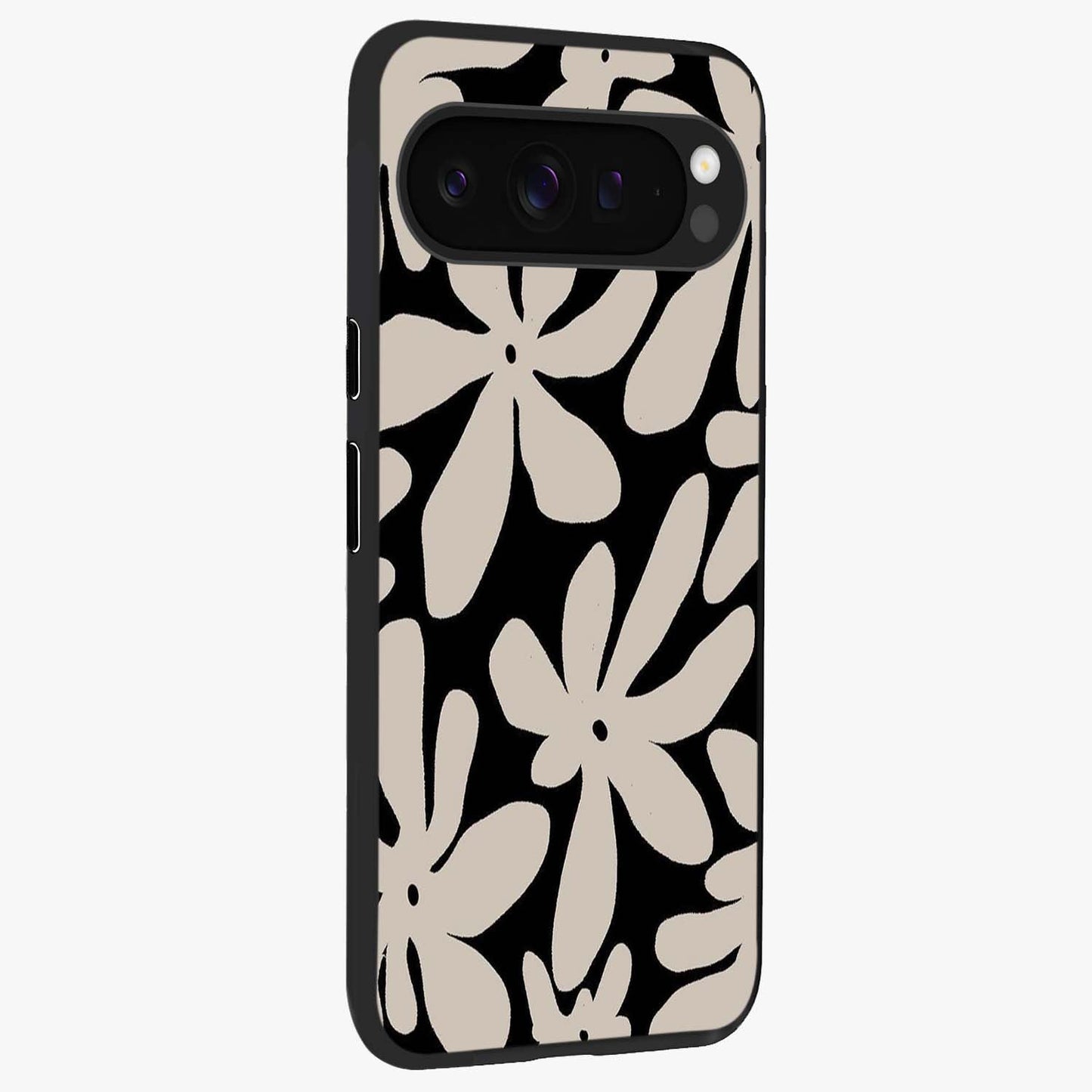 Monochrome Petal Dance Glass Case upright view showcasing artistic floral pattern with stylish monochrome theme.