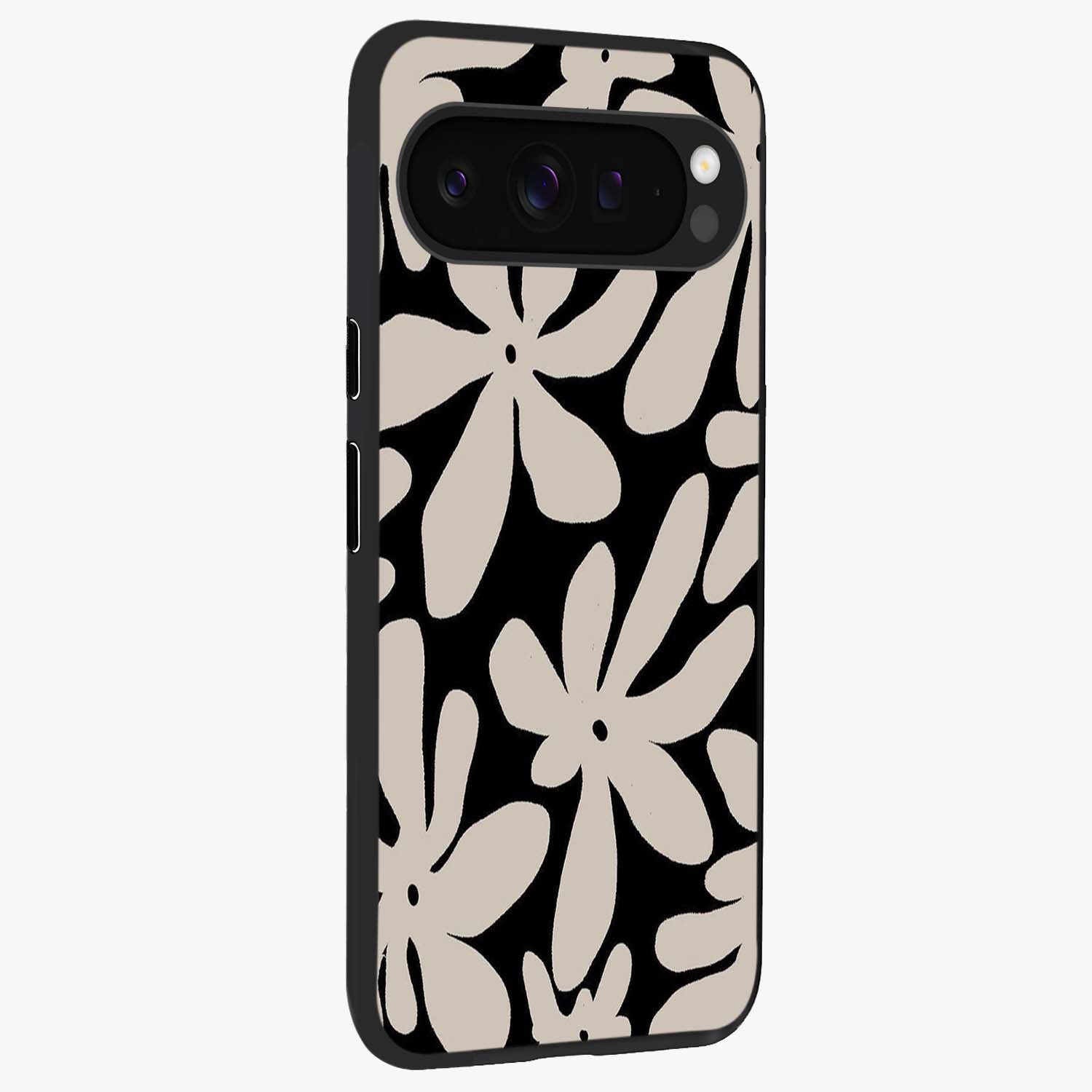 Monochrome Petal Dance Glass Case upright view showcasing artistic floral pattern with stylish monochrome theme.
