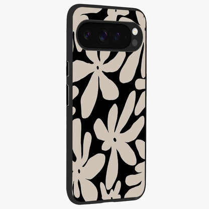 Monochrome Petal Dance Glass Case upright view showcasing artistic floral pattern with stylish monochrome theme.