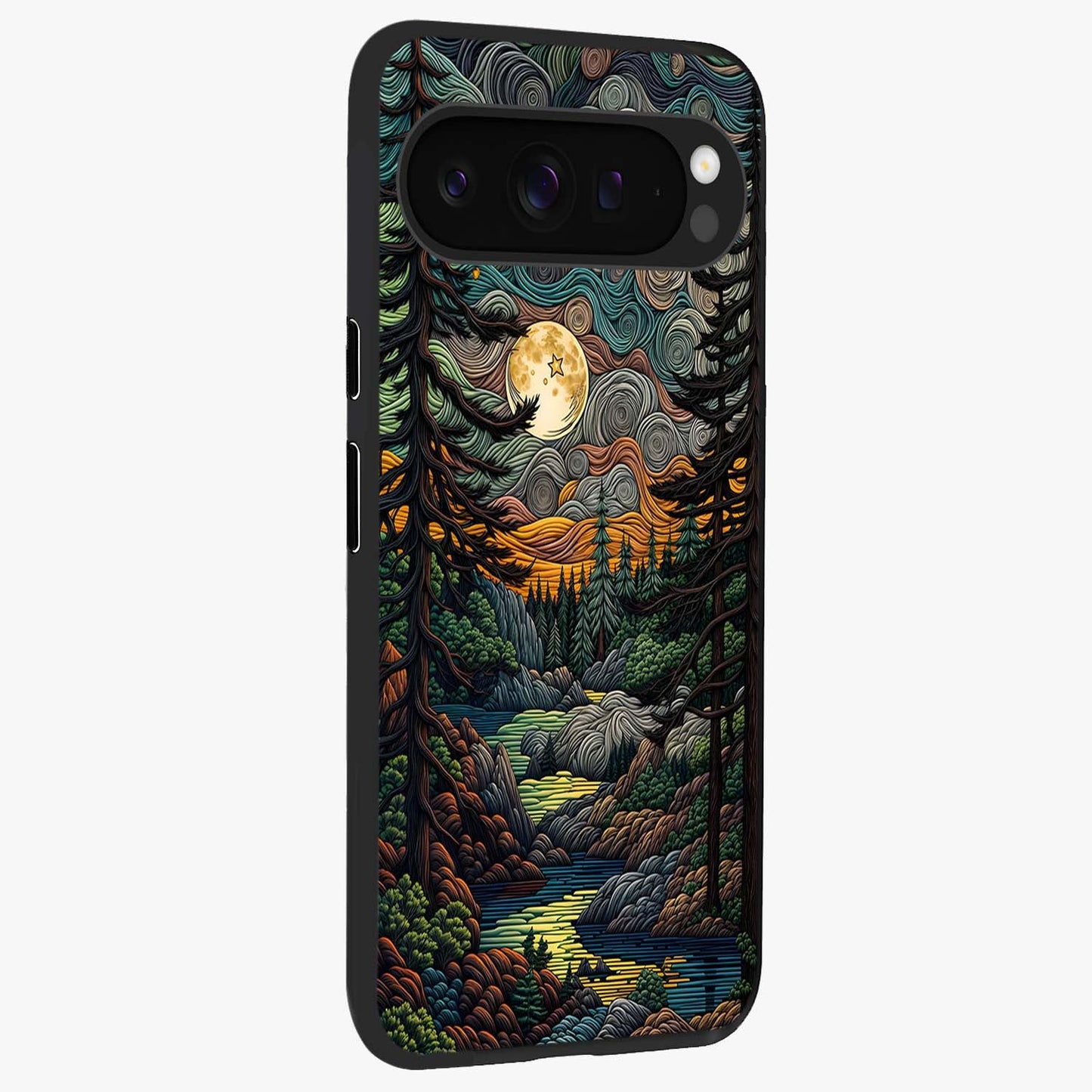 Moonlight Forest Dream Glass Case upright view showcasing magical forest artwork with calm night theme.
