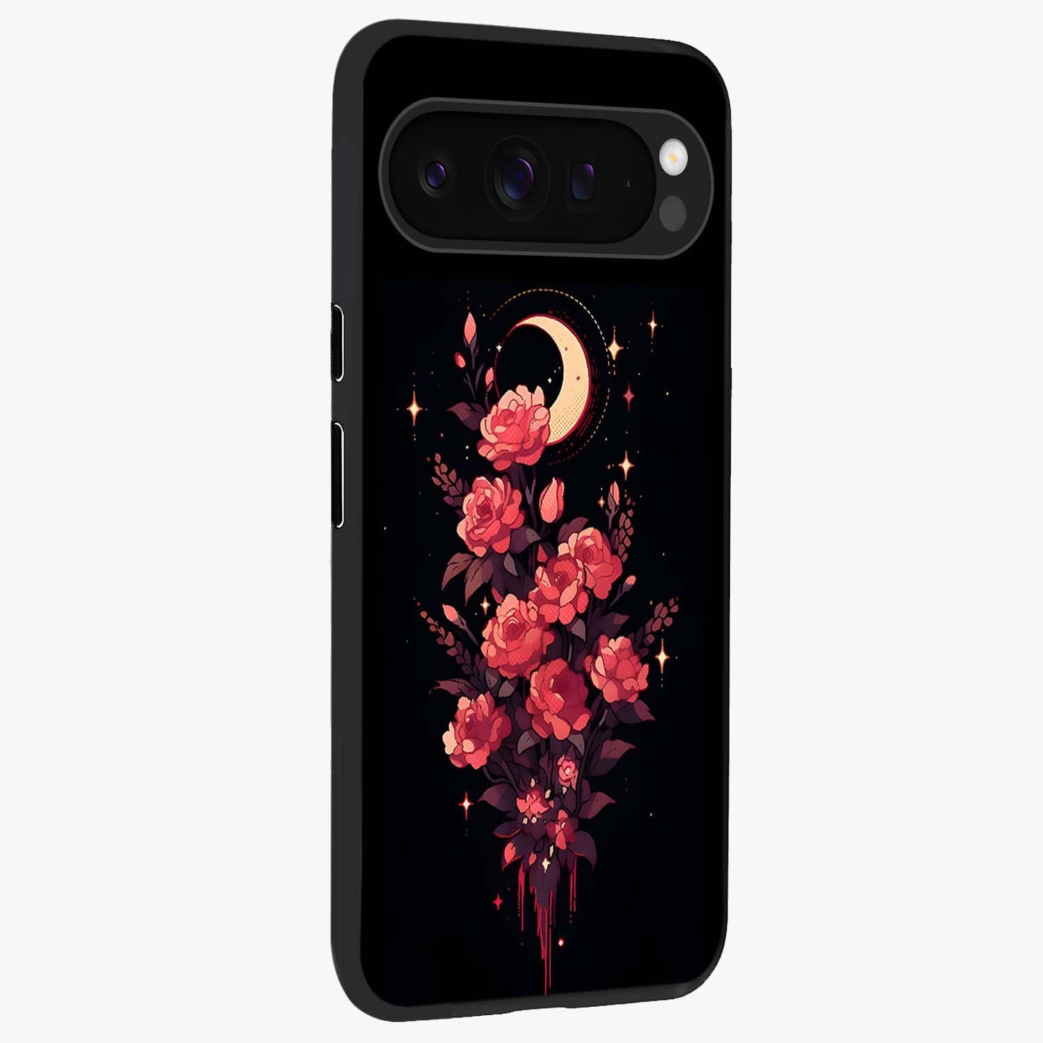 Moonlit Floral Elegance Glass Case upright view showcasing delicate floral artwork with refined night inspired theme.