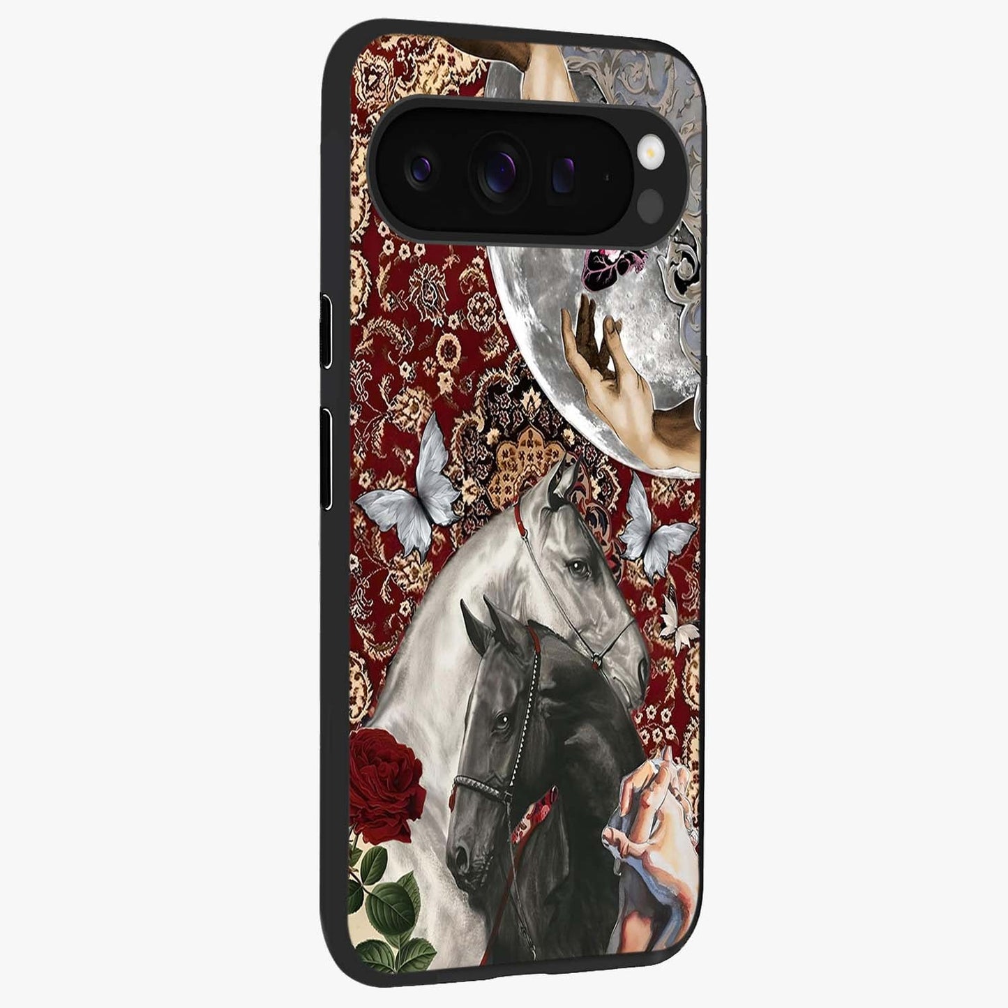 Moonlit Royal Stallion Glass Case upright view showcasing dramatic horse artwork with glowing moon themed design.