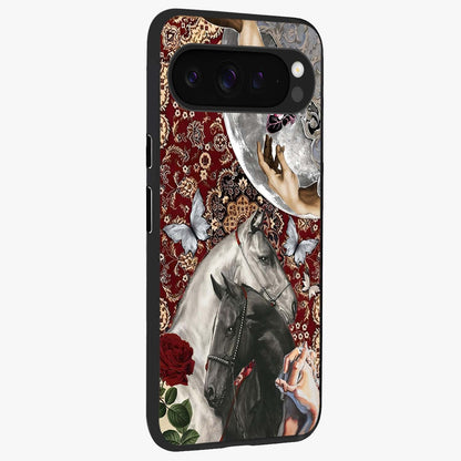 Moonlit Royal Stallion Glass Case upright view showcasing dramatic horse artwork with glowing moon themed design.