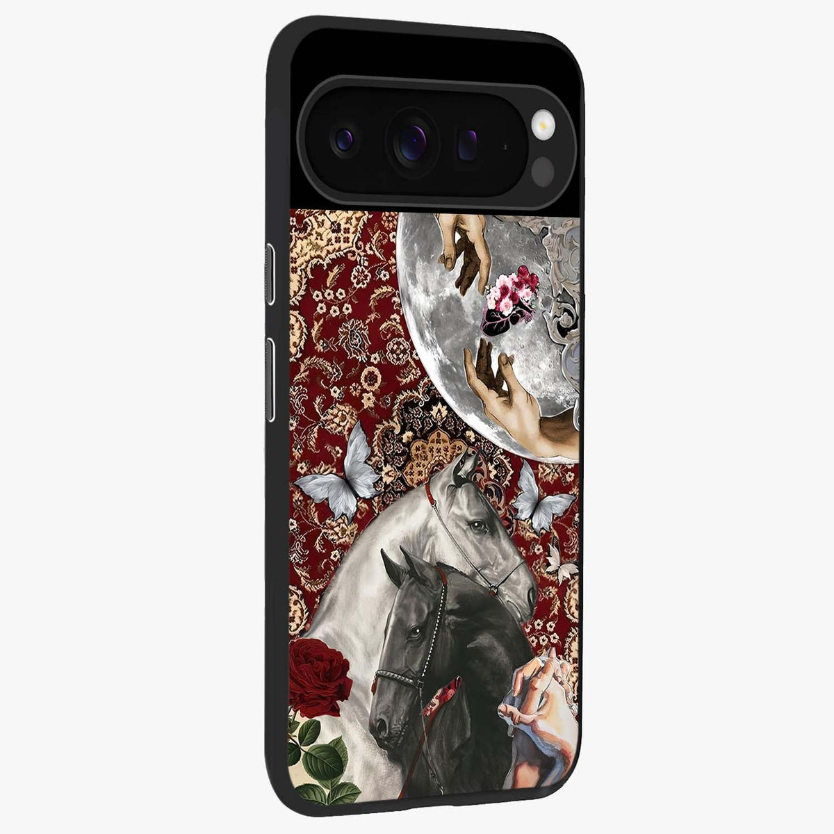 Moonlit Royal Stallion Glass Case upright view showcasing dramatic horse artwork with glowing moon themed design.