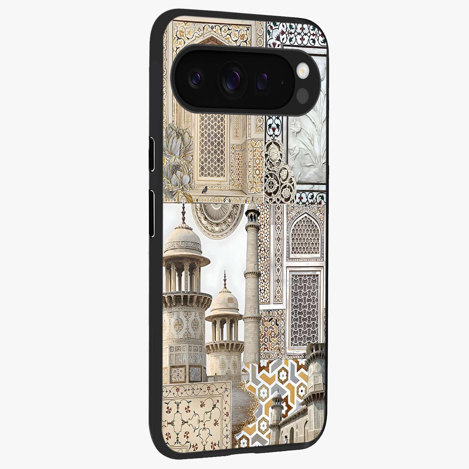 Mughal Marble Legacy Glass Case upright view showcasing ornate Mughal design with luxurious traditional theme.